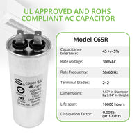 C65R Motor Round Dual Run Capacitor 45uF ±5% 300VAC 50/60 Hz